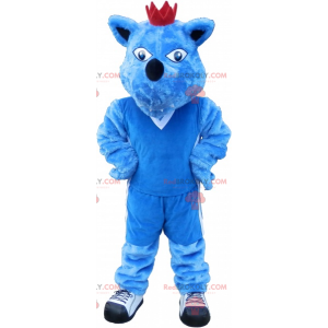 Blauwe hond mascotte met een kroon. Blauw dier mascotte -